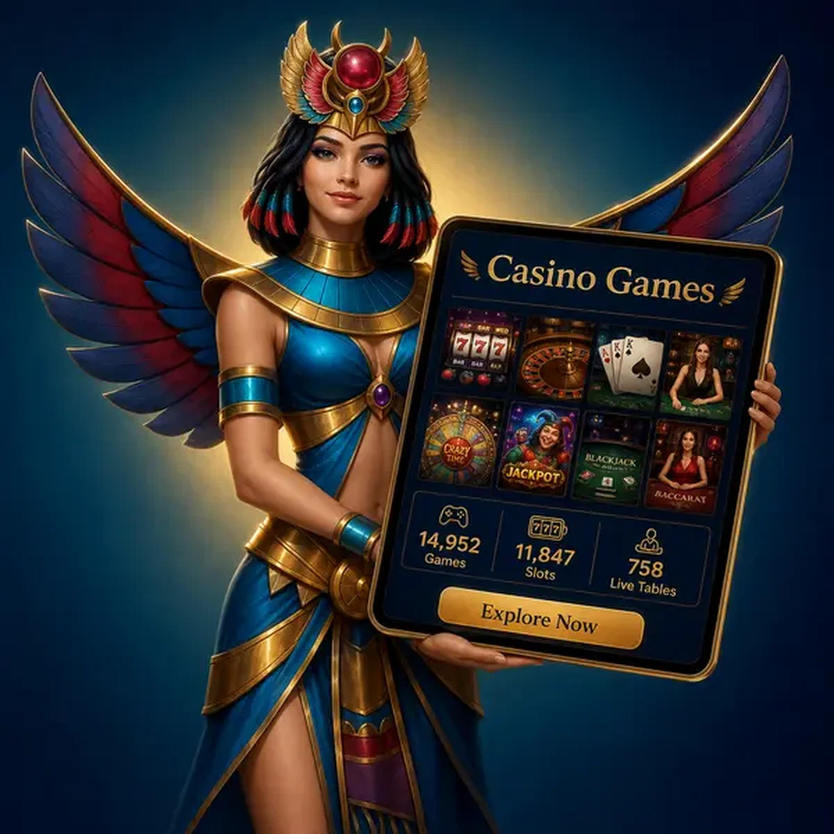 Guardiano alato presenta la collezione di giochi del casino sul display tablet di Amun Ra