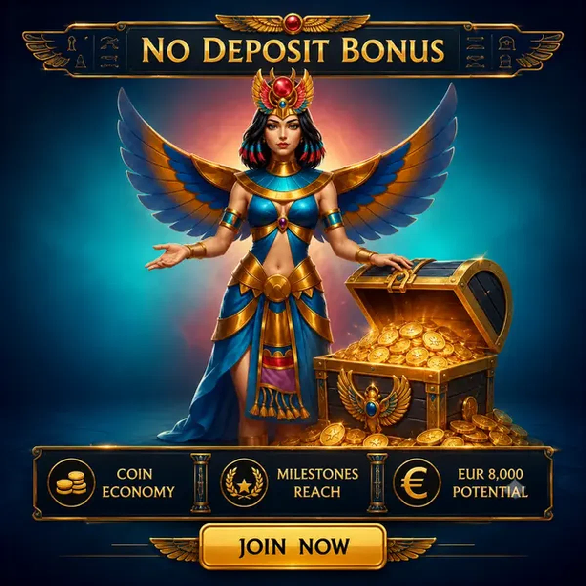 Guardiano alato che presenta il tesoro del bonus senza deposito presso Amun Ra Casino