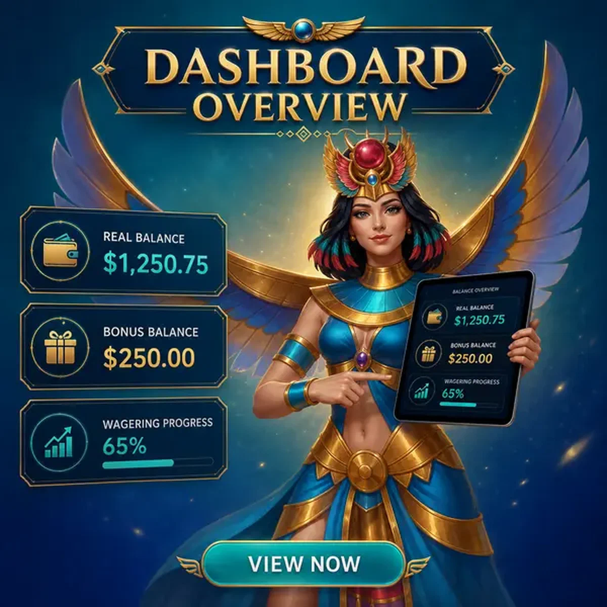 La guardiana alata presenta la panoramica del saldo del giocatore su tablet luminoso al portale di login Dashboard Overview for Returning Players