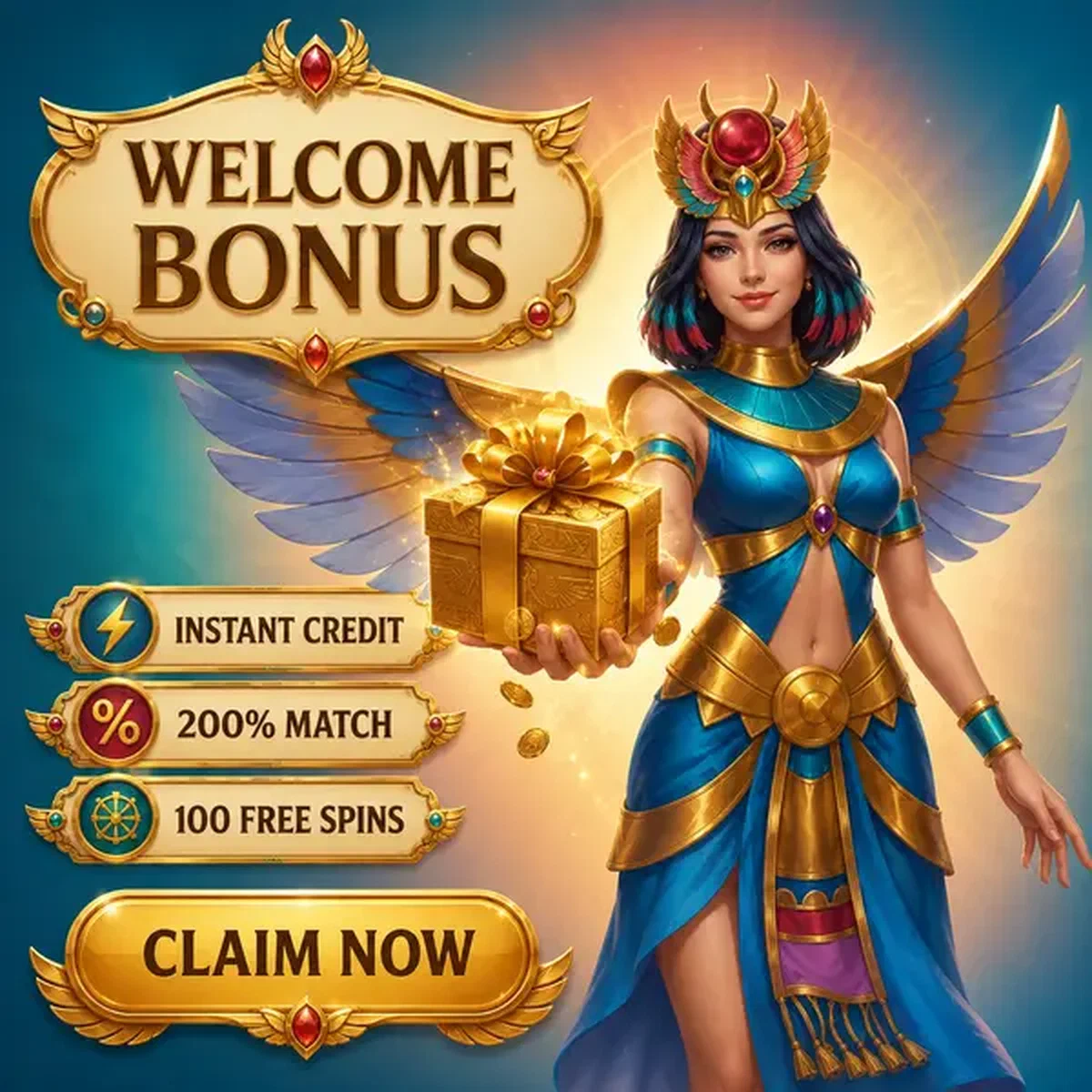 Guardiano alato che presenta scatola regalo del bonus di benvenuto al portale di registrazione Welcome Bonus as Your Entry Point