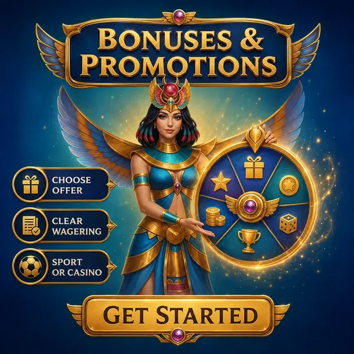 Guardiano alato presenta la ruota bonus nella sala promozioni di Amun Ra Casino