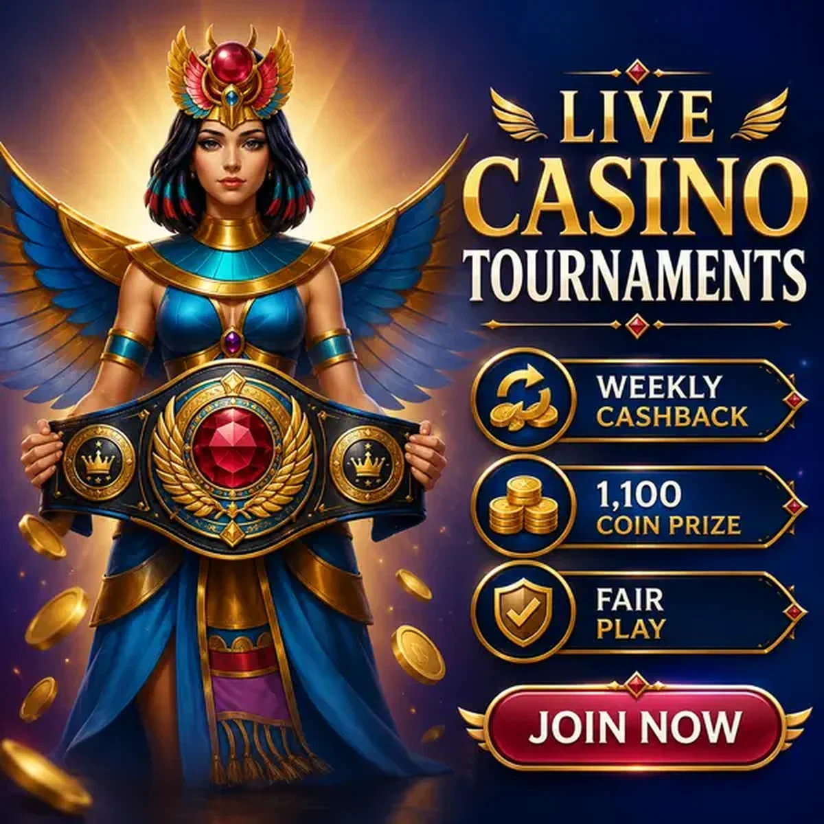 Guardiano alato che presenta cintura da campionato ai Tornei Live Casino sui tavoli live dealer