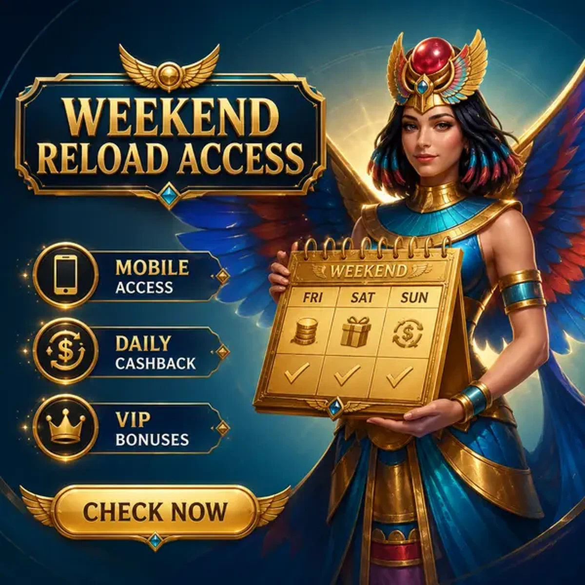 Guardiano alato che presenta calendario dorato per Accesso Mobile a Ricariche Weekend e Cashback funzionalità app mobile