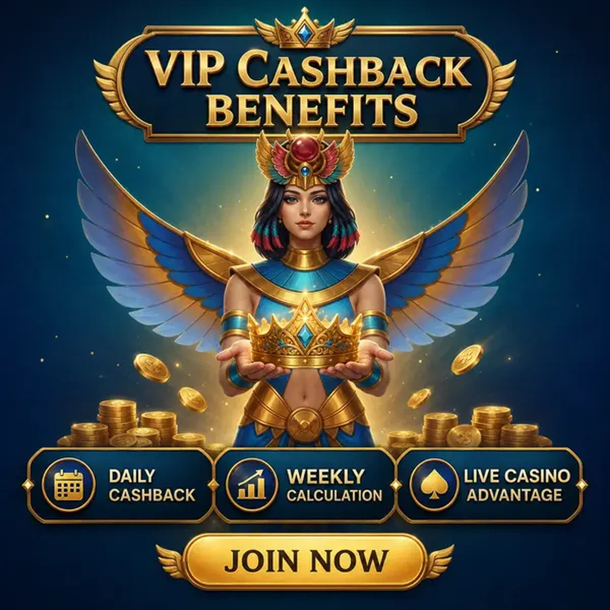 Manager VIP alato che presenta corona dorata e premi bonus al santuario di gioco esclusivo