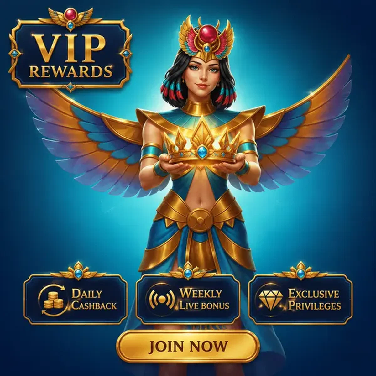 Guardiano alato che presenta corona dorata mentre il giocatore si unisce a VIP Progression and Long-Term Rewards