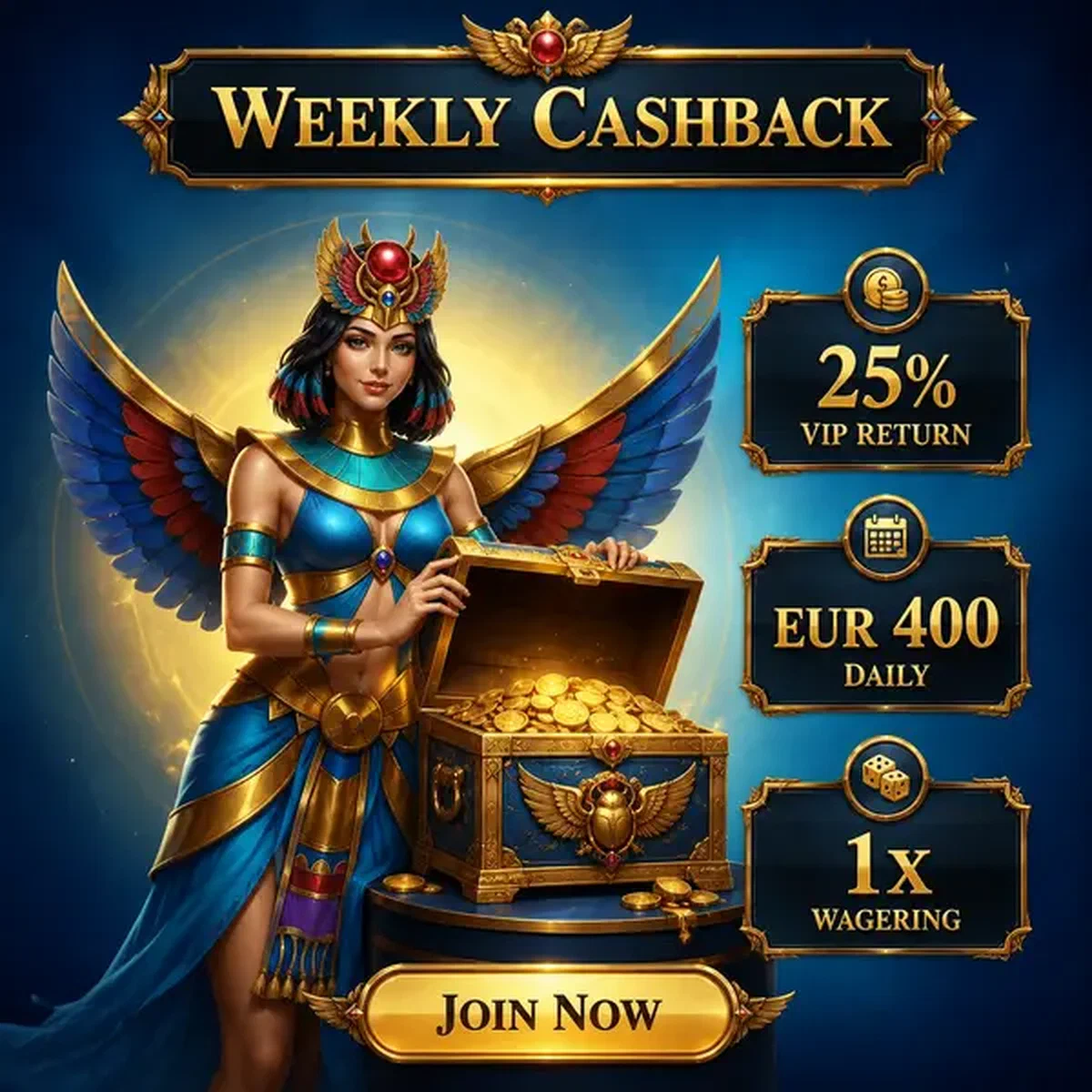 Guardiano alato che rivela tesoro cashback settimanale slot gratis al Casinò Amun Ra