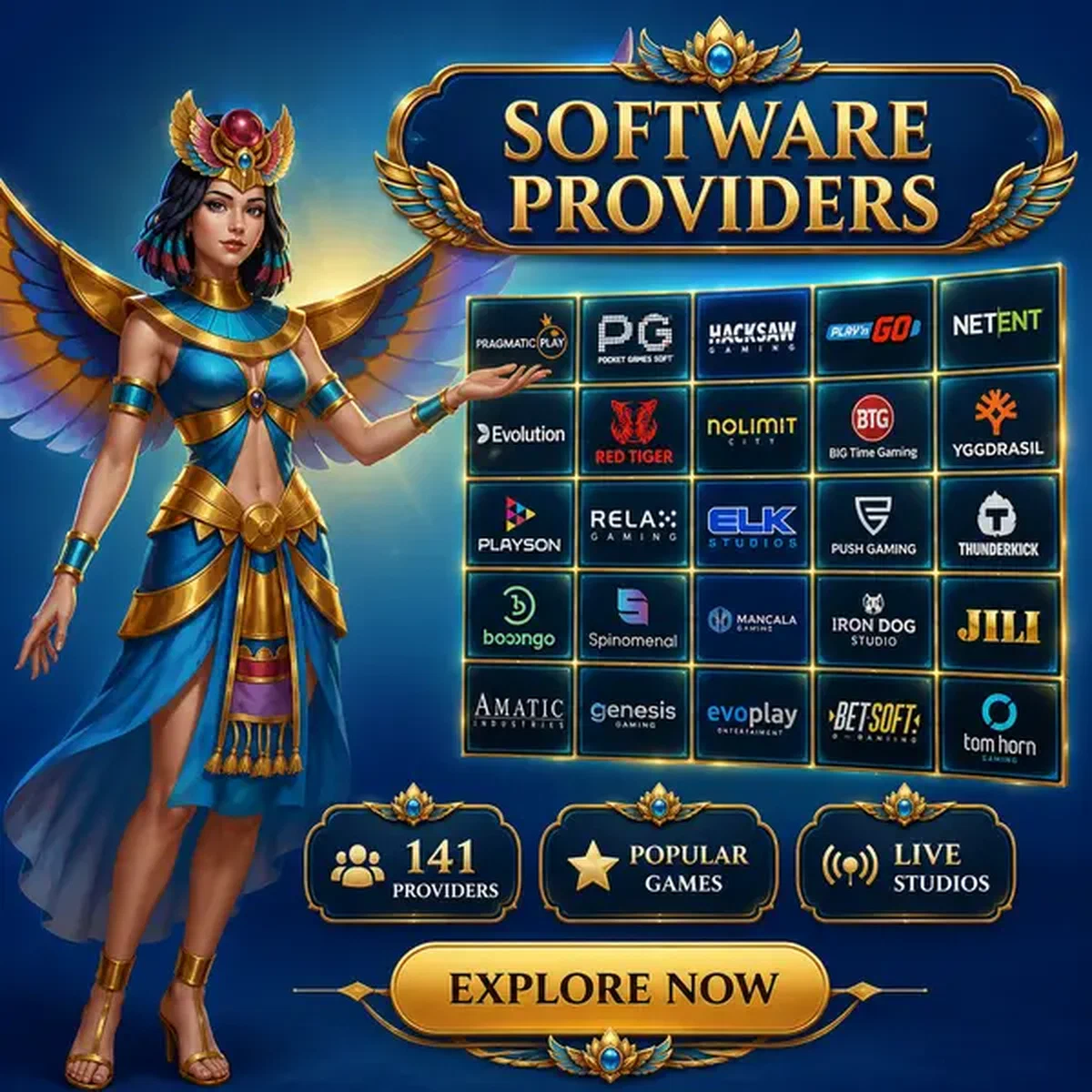 Guardiano alato presenta i provider software di Amun Ra Casino in display a mosaico luminoso