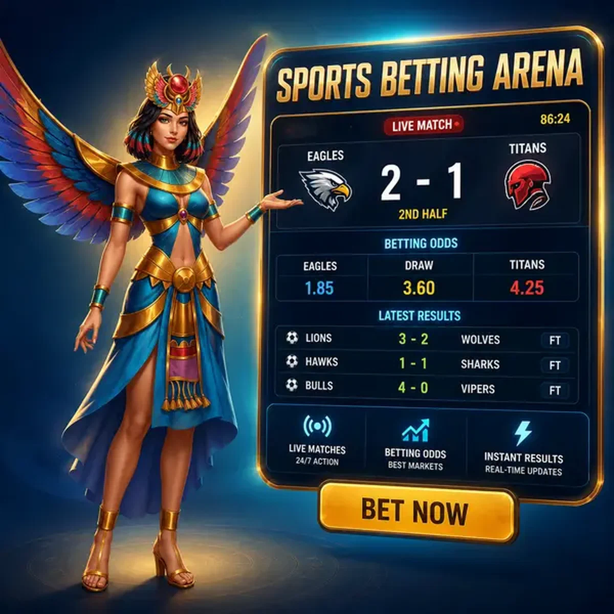Guardiano alato al tabellone Amun Ra Sports Betting che mostra quote scommesse live